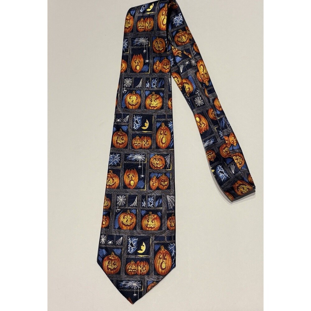 Fratello Men's Necktie Tie Polyester Pumpkin Jack O Lantern Spider Web Halloween